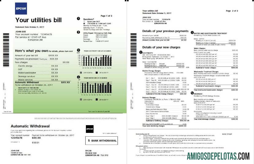 para download Modelo de conta de serviços públicos de eletricidade do Canadá Epcor em formato Word e PDF, 3 páginas 1 2